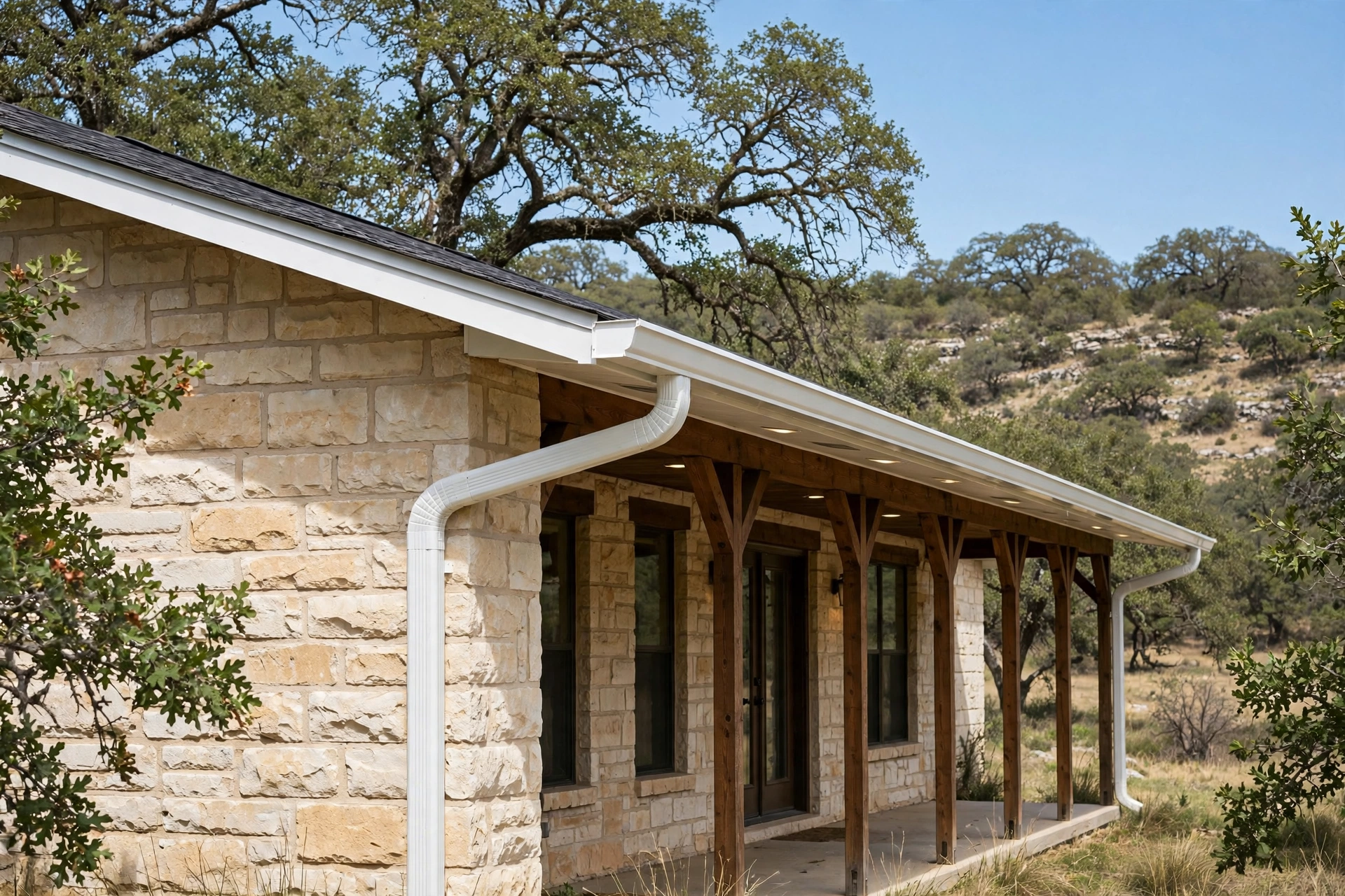 New seamless gutters installed on a Kerrville, TX Hill Country home