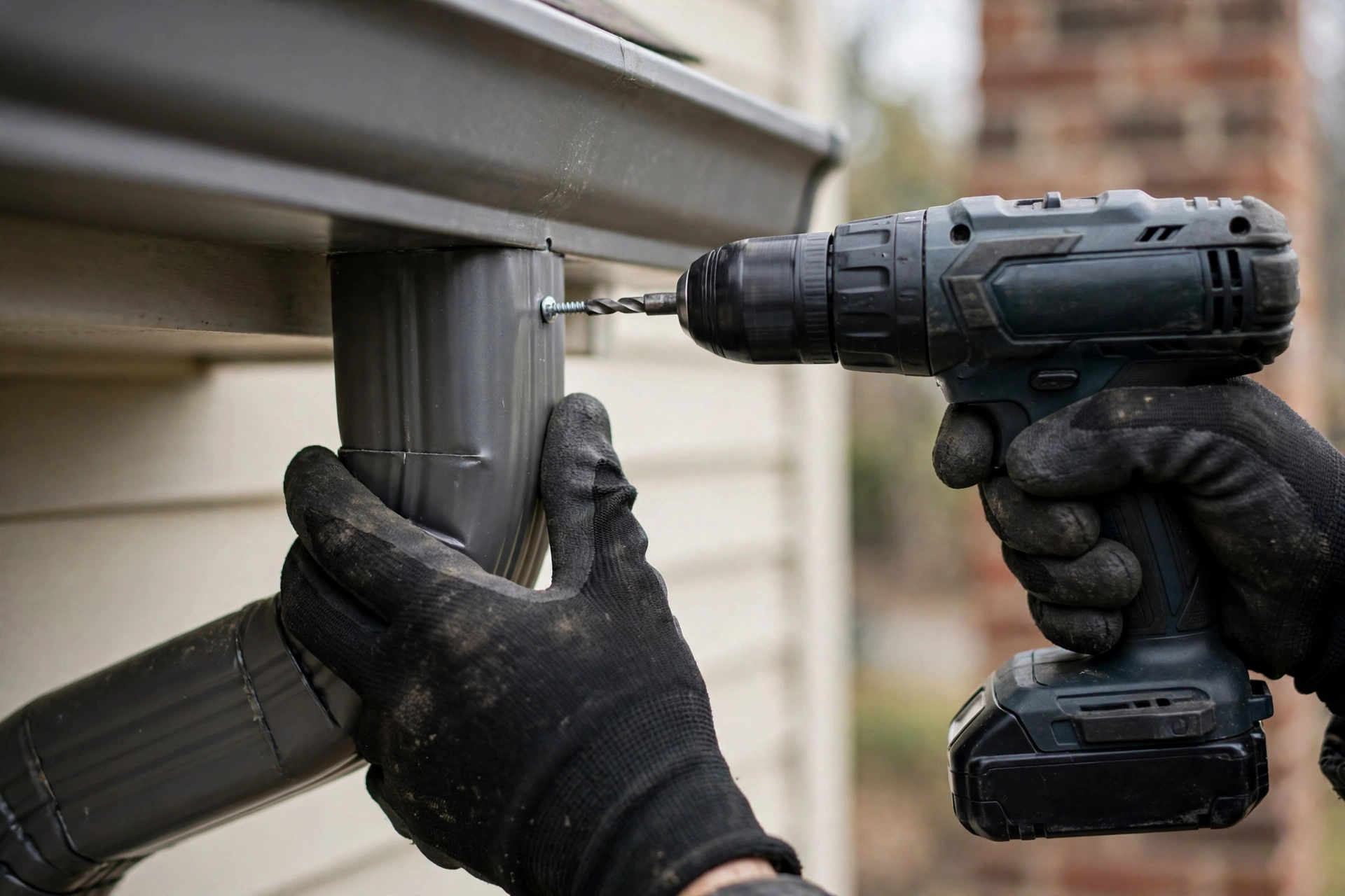 Technician repairing sagging gutters on a Kerrville, TX home